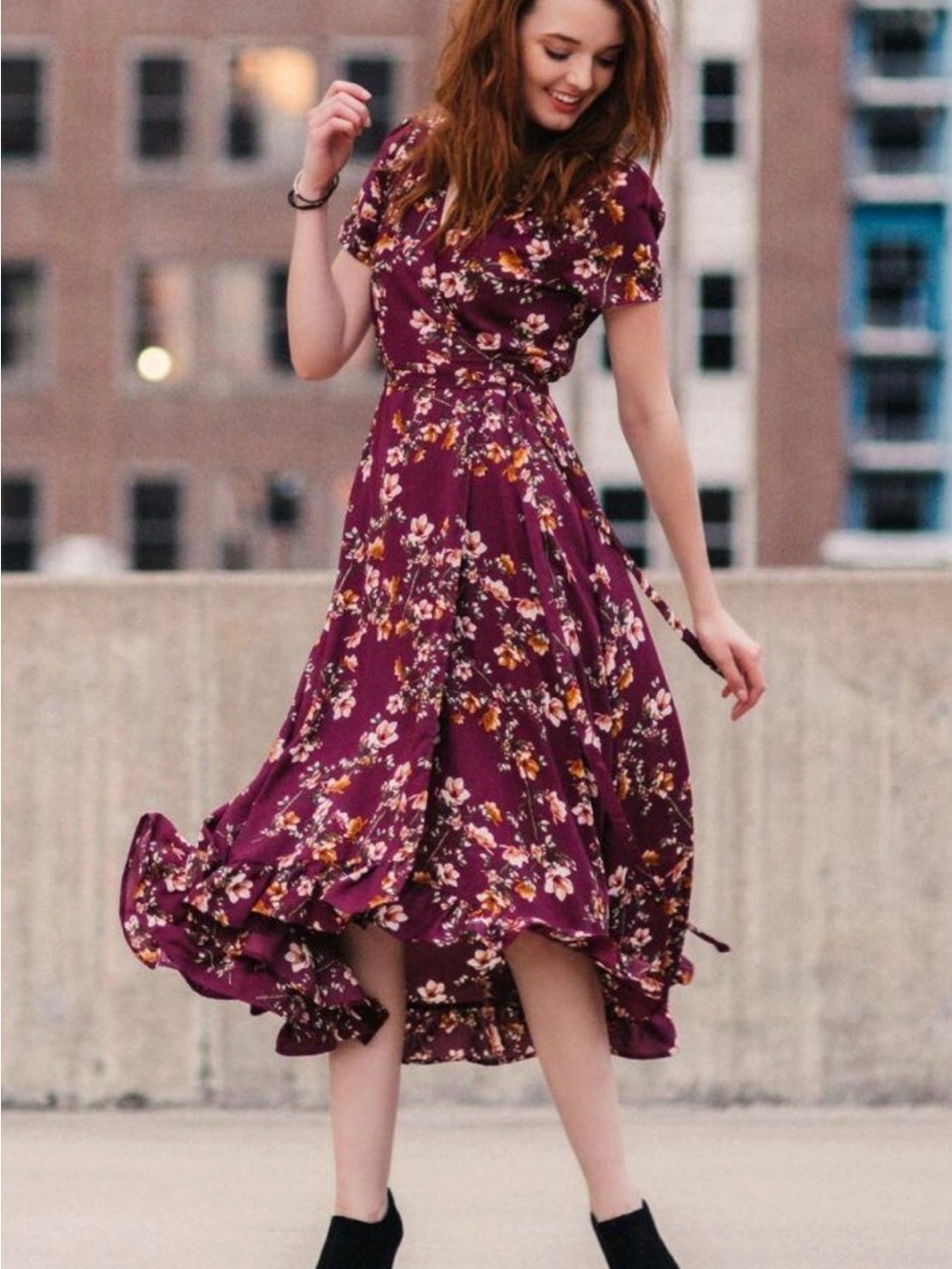 Francesca’s Burgundy Floral Wrap Ruffle Hem Dress NWT